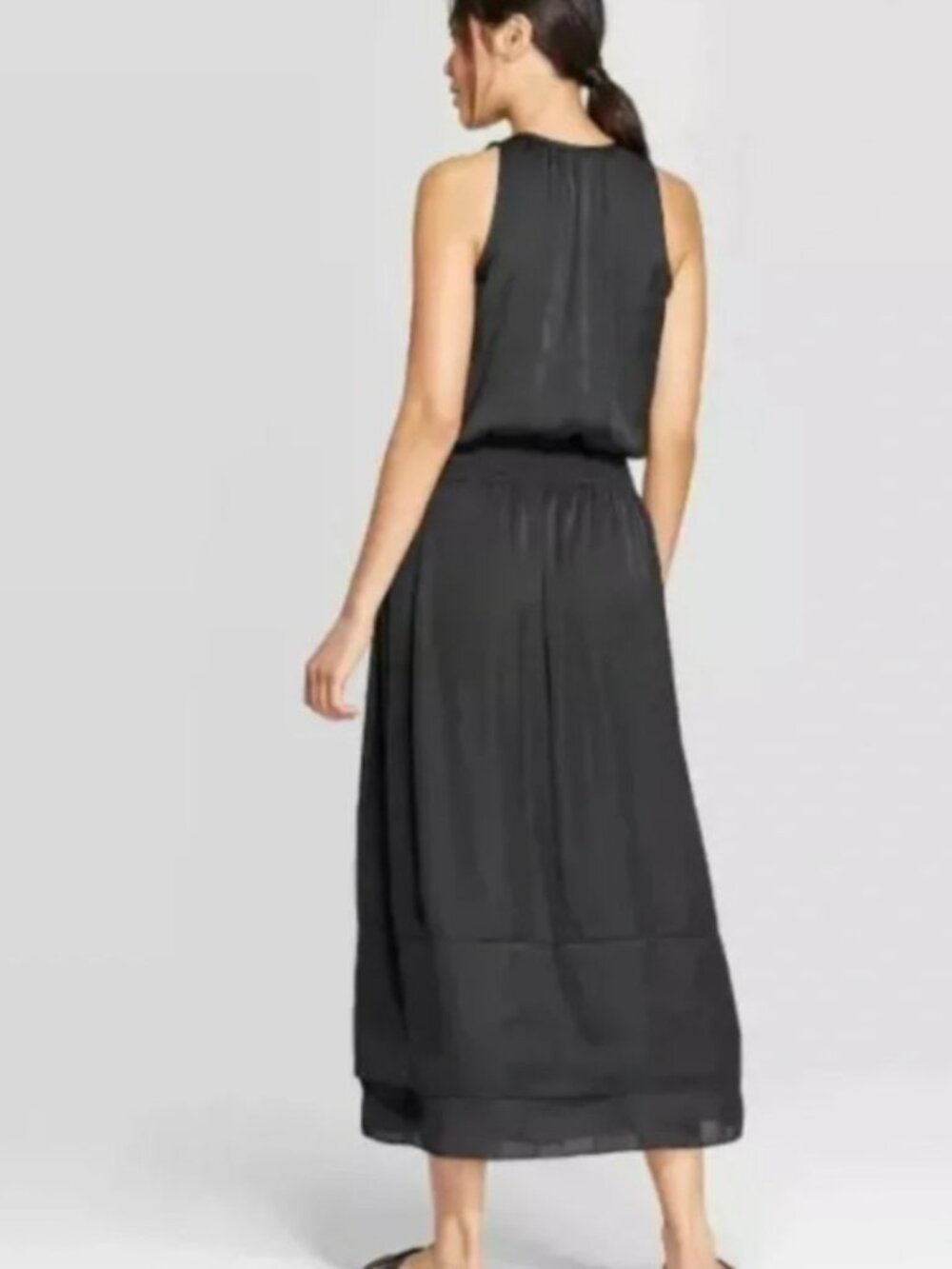 Prologue Black V Tie Neck Midi Maxi Sleeveless Elastic Waist Dress NWOT XL - Picture 2 of 2